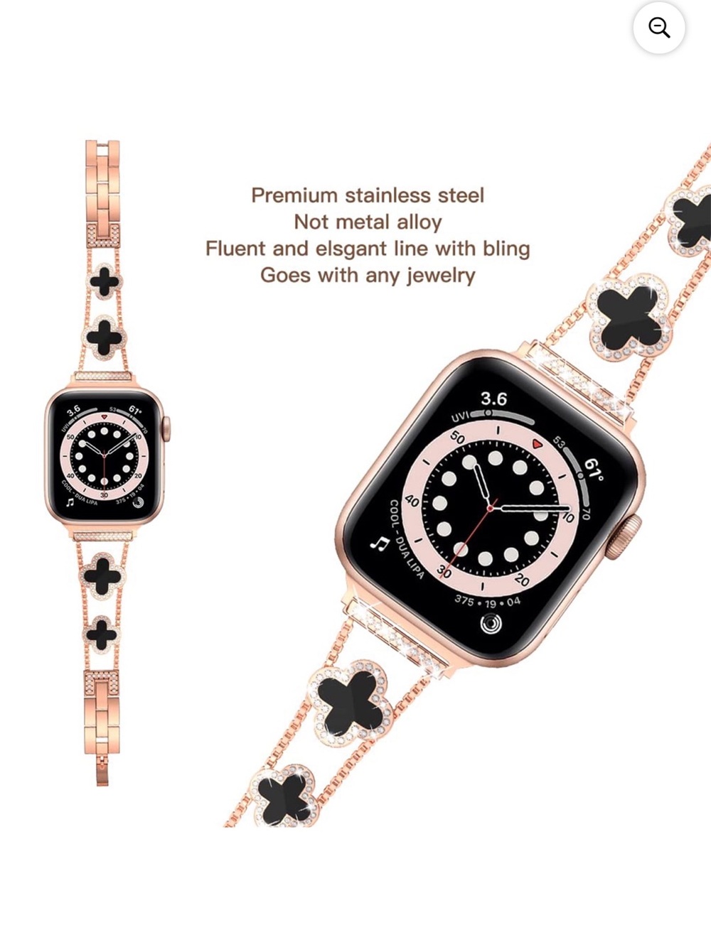 Women's Rose Gold Apple Watch Style Bracelet Band with Black Clover Accents